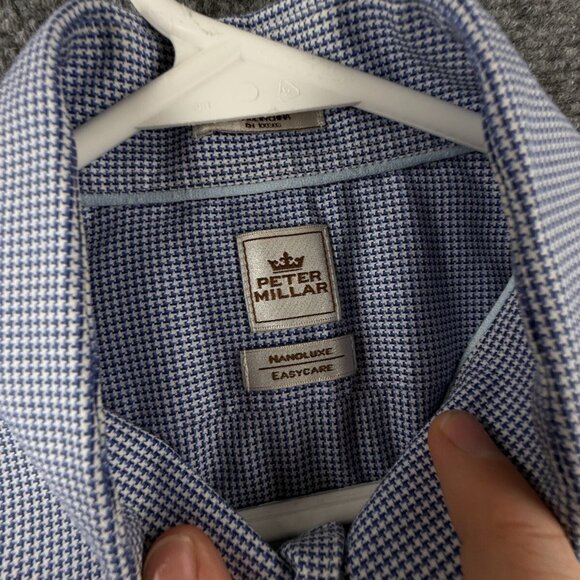 Peter Millar 16.5 Tall Blue Houndstooth Nanoluxe Easy Care Button Up Cotton - Picture 8 of 16
